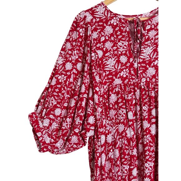 Lightweight Women's Spring Morning Flower Boho Smock Mini Dress Sz XL Red White - Picture 6 of 8